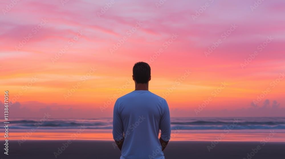 Man practicing deep breathing on beach at sunrise: finding inner peace Man practicing deep breathing on beach at sunrise: finding inner peace