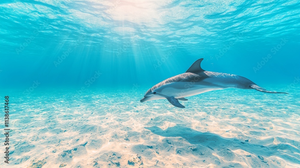 Obraz premium A dolphin swimming gracefully in clear blue water with sun rays above.