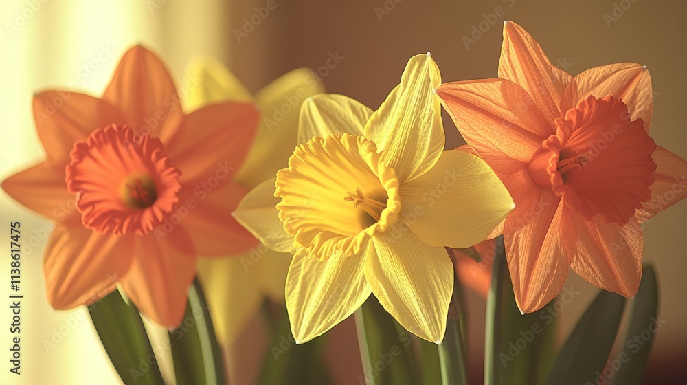 Fototapeta premium Soft pastel tones are enhanced by the blooming yellow and white daffodils in a charming floral garden field.