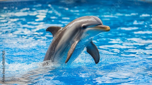 A dolphin leaps gracefully out of a blue pool, showcasing its agility.