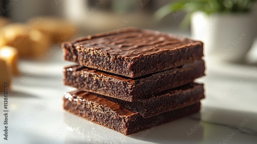 Deliciously Rich Chocolate Brownies Stacked Neatly on a Marble Surface with Soft Natural Lighting Highlighting Their Fudgy Texture and Glossy Finish Deliciously Rich Chocolate Brownies Stacked Neatly on a Marble Surface with Soft Natural Lighting Highlighting Their Fudgy Texture and Glossy Finish