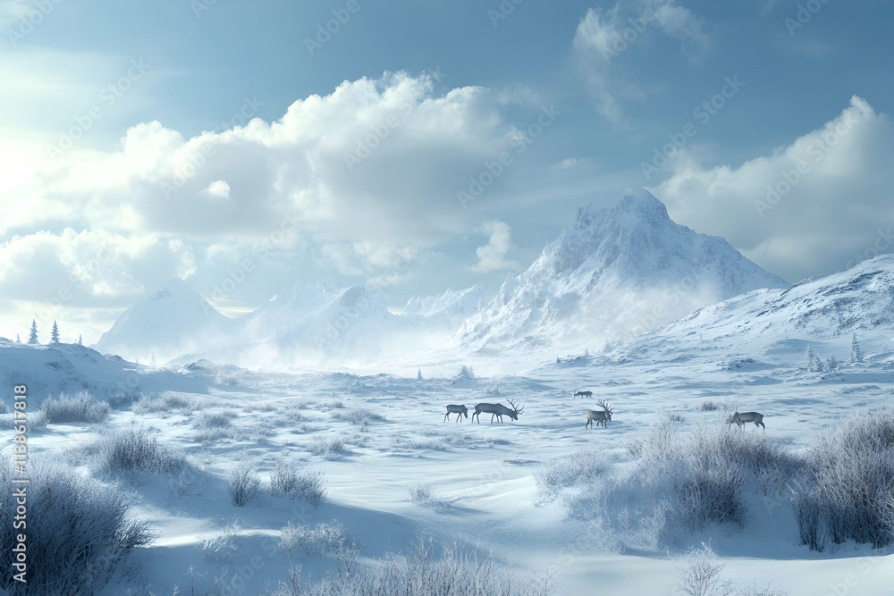 A serene nature tundra scene with a herd of reindeer grazing in the snow-covered landscapehigh quality image A serene nature tundra scene with a herd of reindeer grazing in the snow-covered landscapehigh quality image