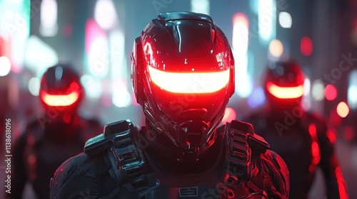 Cyberpunk City Night: Futuristic Soldiers Patrol Neon Streets