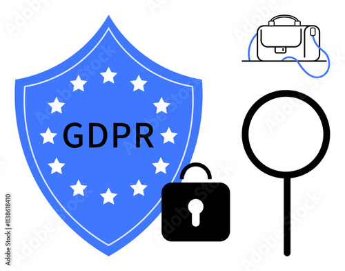 Blue shield with GDPR and stars, lock icon, magnifying glass, and briefcase. Ideal for data security, privacy policies, EU regulations, legal protection, compliance guidelines, cybersecurity
