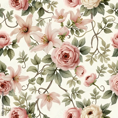 Vintage floral pattern, delicate pink roses, soft pastel flowers, elegant botanical illustration, seamless repeat design, muted green foliage