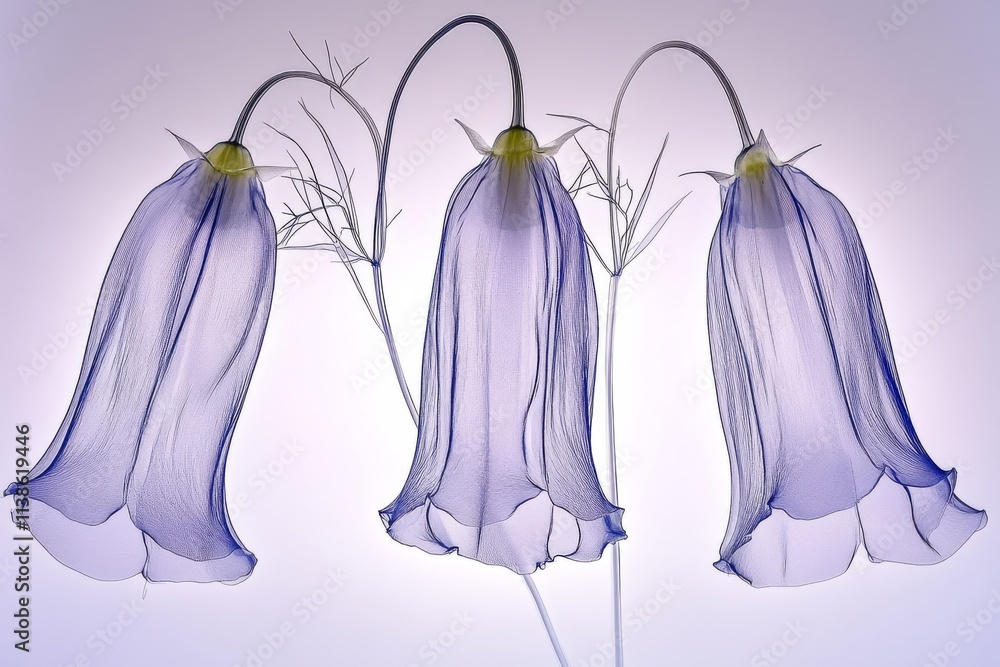 Elegant X-ray visualization of flowers in a palette of blue and white Elegant X-ray visualization of flowers in a palette of blue and white
