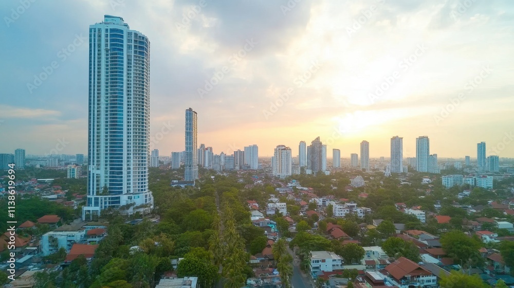 Obraz premium Urban Skyline at Sunset with Skyscrapers and Residential Area in the City