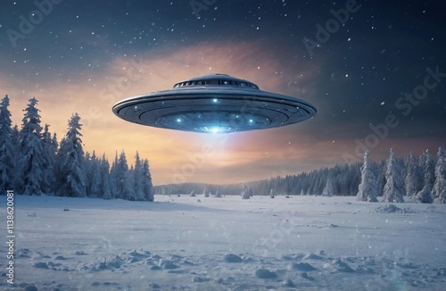 UFO in the night sky over snow-covered mountains, winter scene