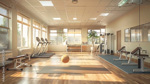 Rehabilitation gym in a hospital with exercise equipment and therapy mats.