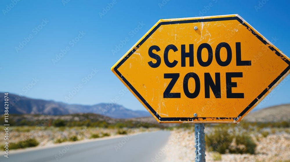 Yellow school zone road sign in a desert landscape Yellow school zone road sign in a desert landscape