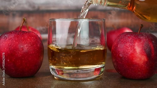 Pouring apple cider vinegar in a glass cup.