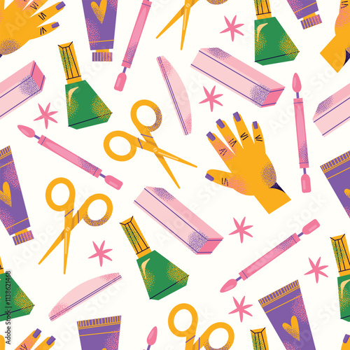 Nail care tools seamless pattern manicure accessories hands with polished nails. Colorful flat illustration of nail scissors, polish bottles, cuticle nippers, files. Nail care and beauty concept