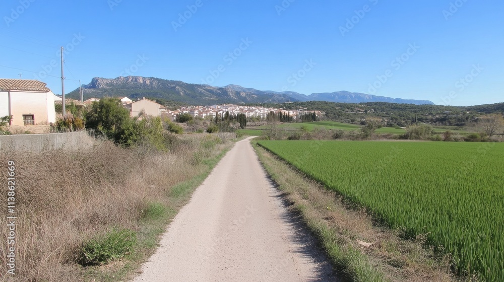 Scenic Rural Road Through Green Fields and Mountains Under Clear Blue Sky Scenic Rural Road Through Green Fields and Mountains Under Clear Blue Sky