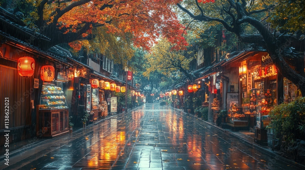 Fototapeta premium Rainy Autumn Evening in a Japanese Street