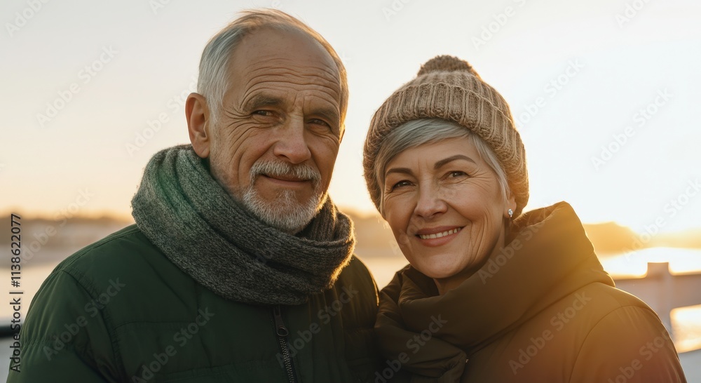 Elderly caucasian couple enjoying a cozy winter sunset outdoors Elderly caucasian couple enjoying a cozy winter sunset outdoors