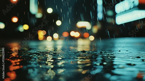 City Lights Reflecting In Rainy Night Puddle photo