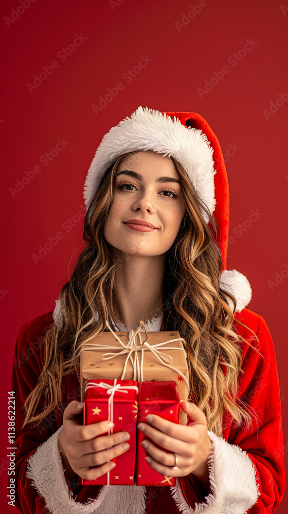 Joyful portrait of a young woman in festive Christmas attire, radiating holiday cheer and enjoying gifts. Perfect for social media covers or screensaver.