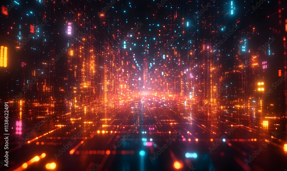 A digital grid with a mix of bright colored lights forming complex patterns A digital grid with a mix of bright colored lights forming complex patterns