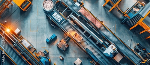 Aerial view of automated factory production line with conveyor belts and robotic arms transporting goods.