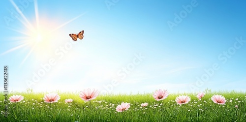 Looking upwards from a low angle, a scene of delicate pink flowers and butterflies is framed by an unblemished blue sky on a beautiful sunny day.