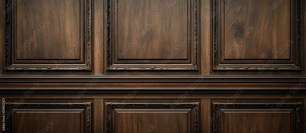 Dark brown wood paneling wall with ornate detailing. Dark brown wood paneling wall with ornate detailing.
