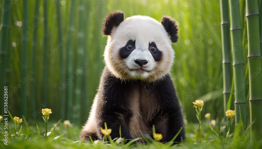 Obraz premium A playful panda cub sitting in a lush green bamboo forest, surrounded by tall stalks and wildflowers, with soft sunlight creating a serene and vibrant atmosphere