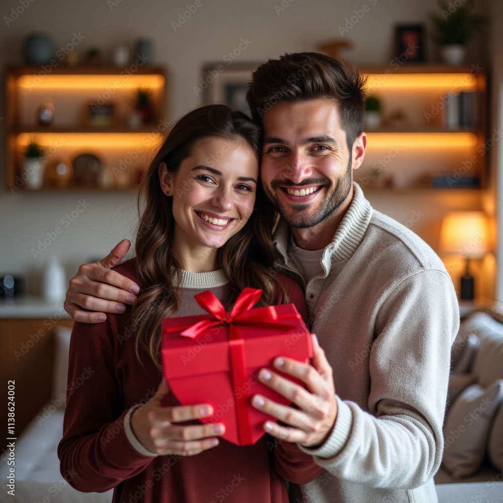 A man and woman are holding a red present in a living room A man and woman are holding a red present in a living room