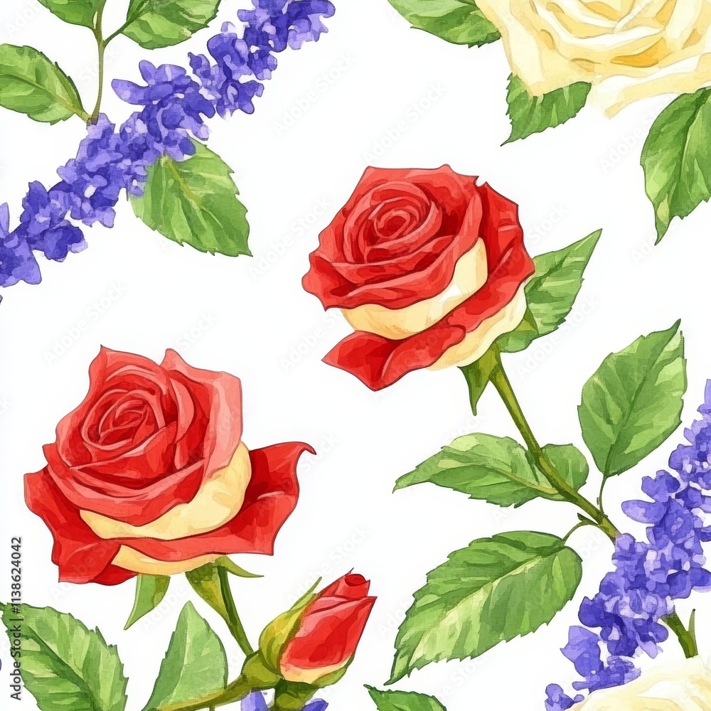 Naklejka premium The hand-drawn background complements a seamless pattern of burgundy flowers and leaves, making it ideal for wallpaper or fabric use. Rose florals are included, giving it a botanic tile appearance.
