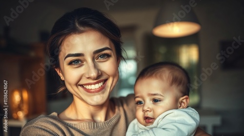 Smiling mother holding her baby, captured in a warm indoor setting with cozy lighting