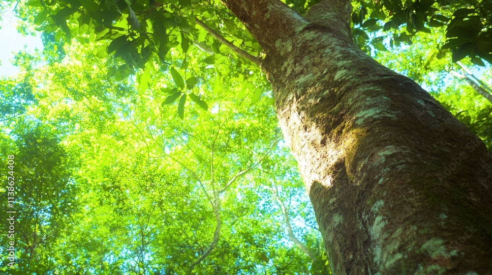 Fototapeta premium Majestic Tree Reaching Toward Bright Blue Sky in Vibrant Green Forest
