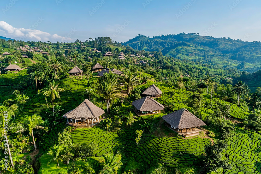 Tea Plantation with Traditional Thatched Huts and Palm Trees Amid Rolling Hills of Green Tea Plants Tea Plantation with Traditional Thatched Huts and Palm Trees Amid Rolling Hills of Green Tea Plants