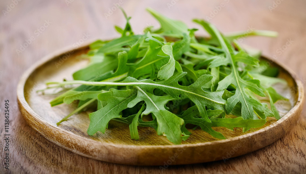 Green arugula on wooden plate. Healthy and natural product. Rucola leaves. Green arugula on wooden plate. Healthy and natural product. Rucola leaves.