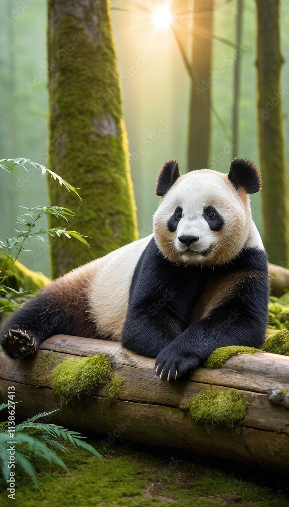 Fototapeta premium A serene giant panda resting on a moss-covered bamboo log in a tranquil forest, surrounded by soft sunlight and lush greenery, creating a peaceful and picturesque scene
