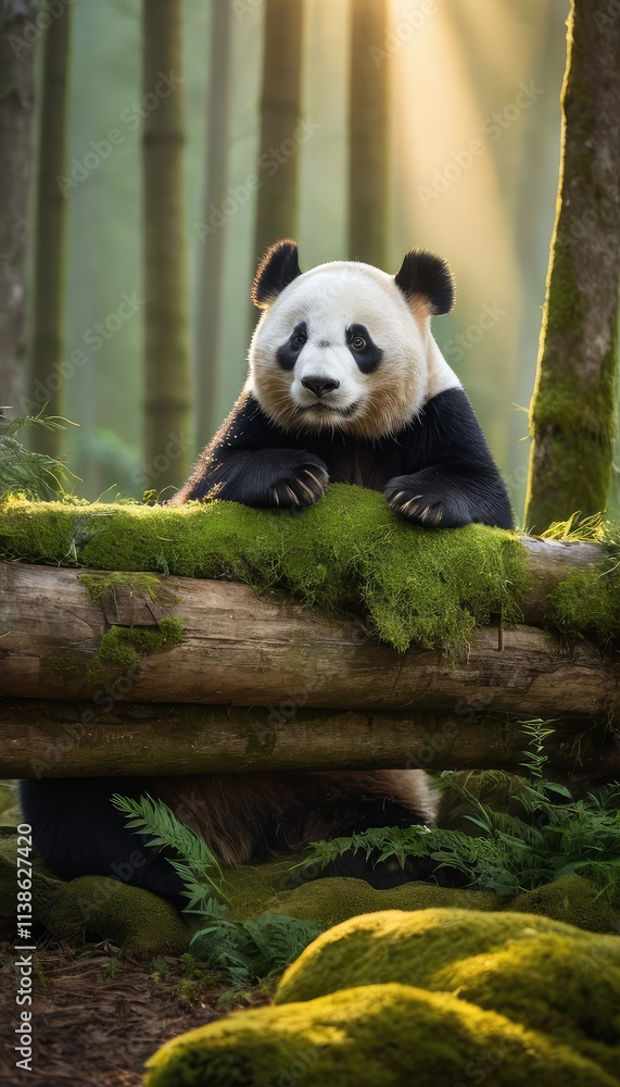 Obraz premium A serene giant panda resting on a moss-covered bamboo log in a tranquil forest, surrounded by soft sunlight and lush greenery, creating a peaceful and picturesque scene