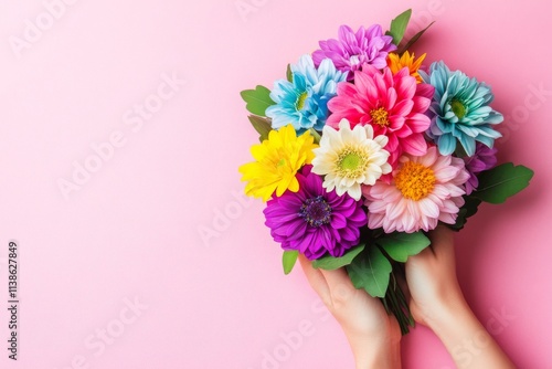 Wallpaper Mural A faceless individual demonstrating an array of vibrant flowers against a pink backdrop. Stock picture Torontodigital.ca