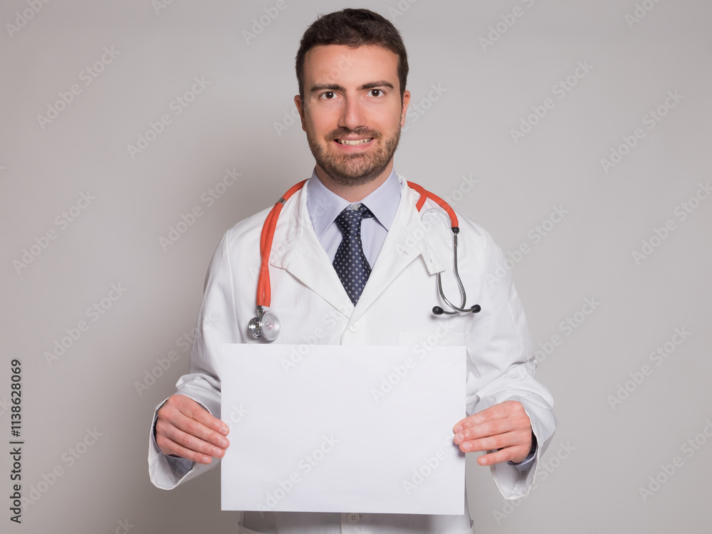 doctor holding a white cardboard banner isolated on gray background doctor holding a white cardboard banner isolated on gray background