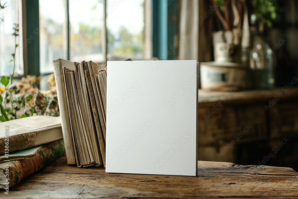 A blank white canvas or board stands on a rustic wooden table, surrounded by old books and a cozy, sunlit room with plants in the background. A blank white canvas or board stands on a rustic wooden table, surrounded by old books and a cozy, sunlit room with plants in the background.