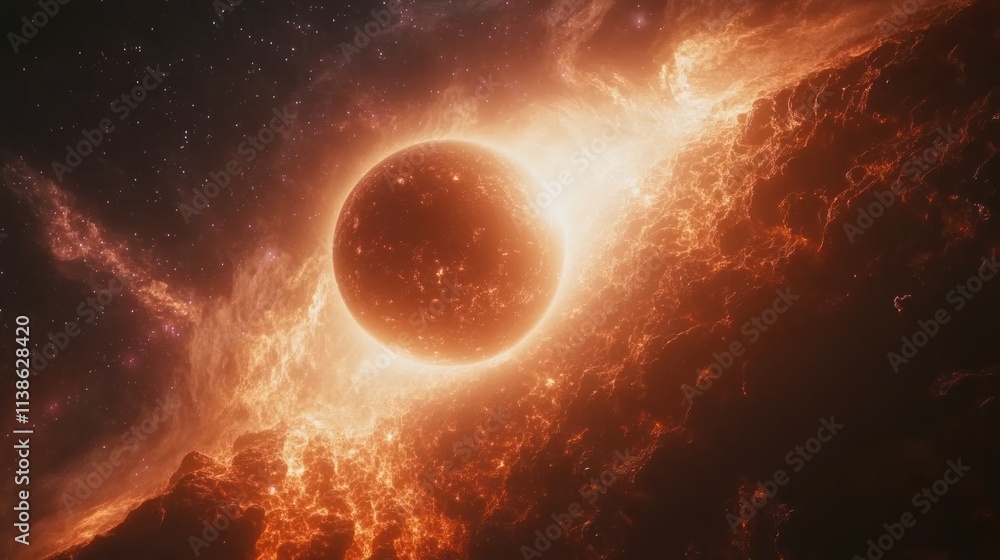 Obraz premium Fiery Celestial Event A Glowing Planet Emerges from a Nebula Cosmic Inferno