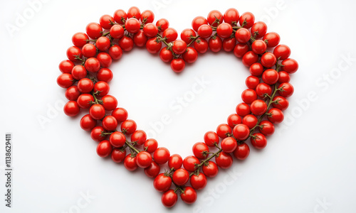 Macro shot of cherry tomatoes arranged in the shape of a heart, bright red tomatoes against a clean white background.