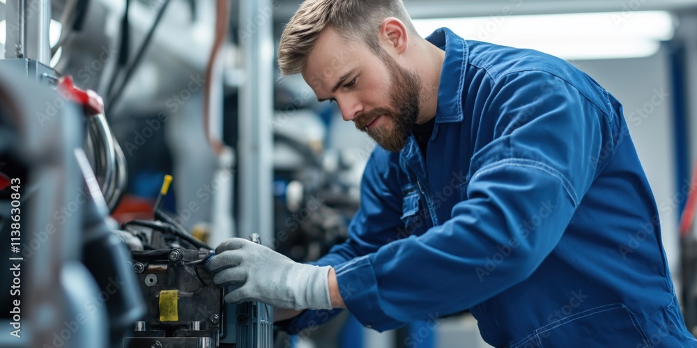 A mechanic in blue overalls is meticulously working on engine repair in a workshop, focusing on technical details. A mechanic in blue overalls is meticulously working on engine repair in a workshop, focusing on technical details.