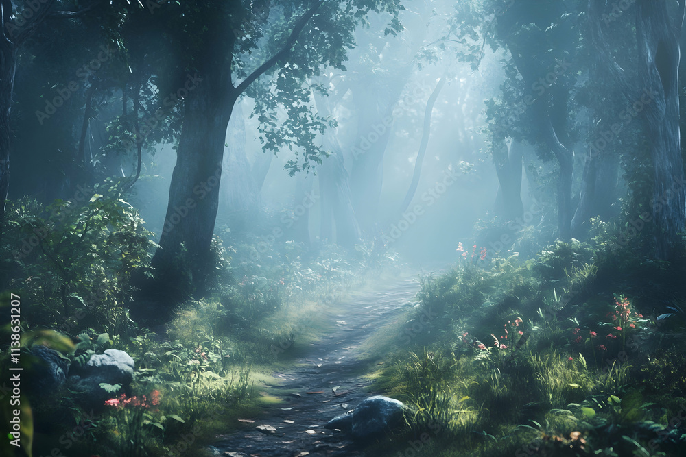 Mystical forest path surrounded by fog for an atmospheric adventurehigh quailty image Mystical forest path surrounded by fog for an atmospheric adventurehigh quailty image