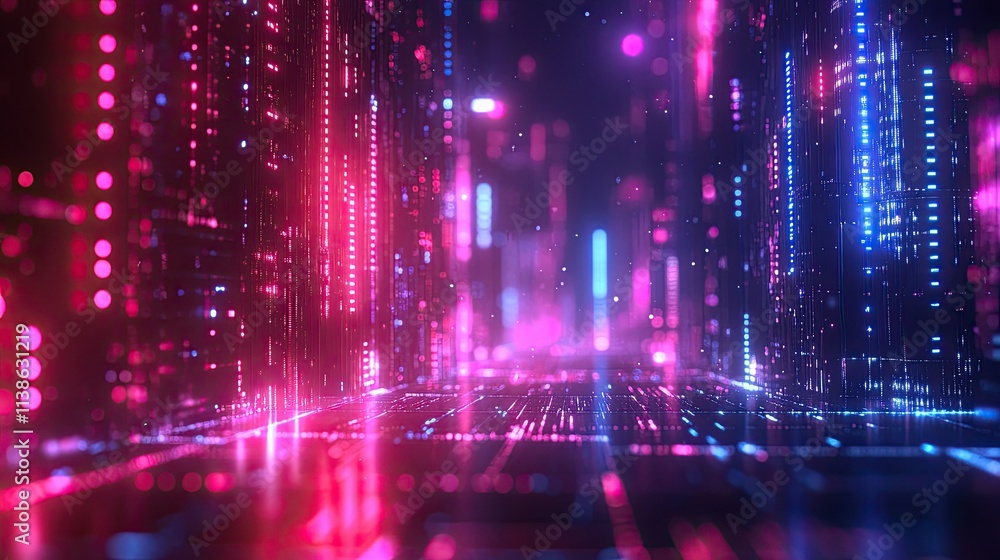 Futuristic city glowing with pink and blue neon lights. Futuristic city glowing with pink and blue neon lights.
