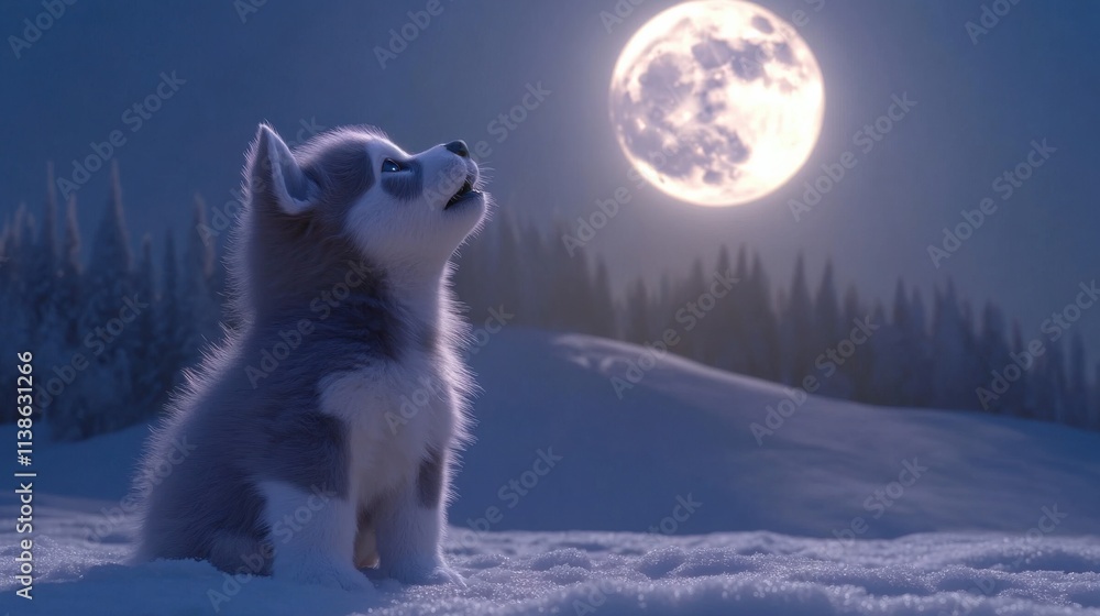 Cheerful Siberian Husky puppy howling under moonlight on snowy hill Cheerful Siberian Husky puppy howling under moonlight on snowy hill