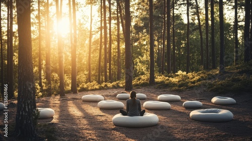 A serene meditation session in a tranquil forest clearing with participants practicing mindfulness, Meditation cushions arranged for relaxation, Forest meditation style photo