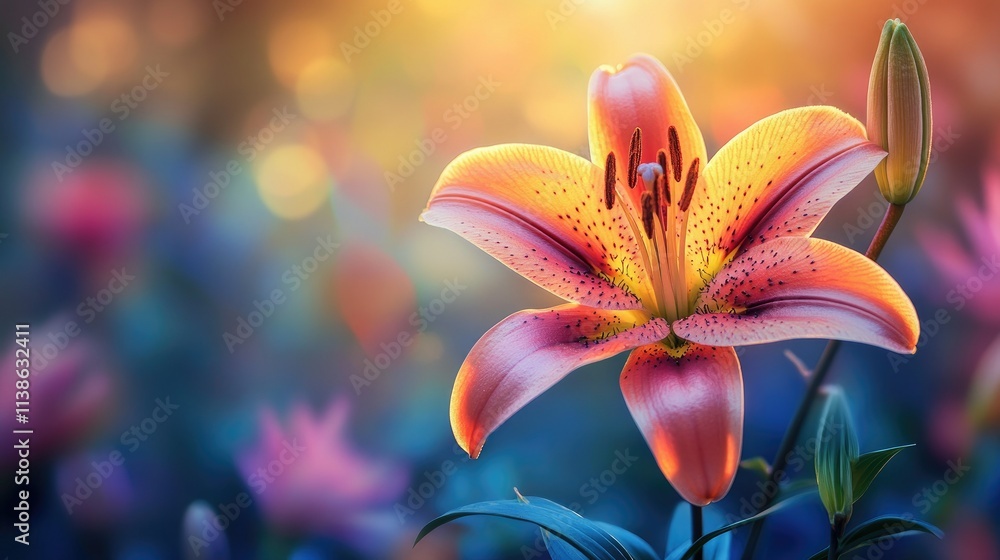 Fototapeta premium Orange lily flower in sunset light.