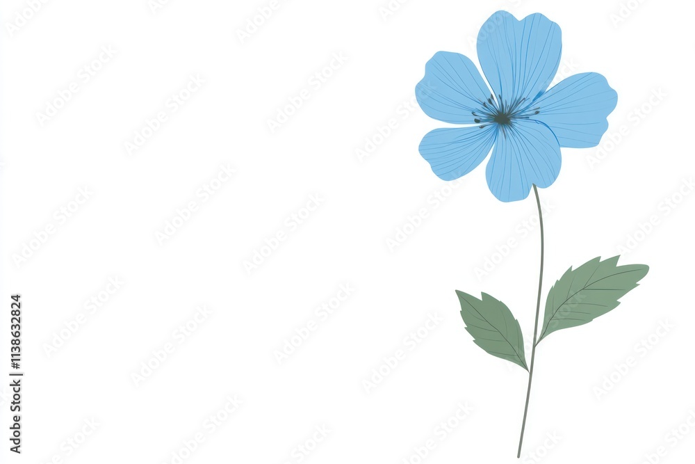 Single light blue flower with green leaves on white background. Single light blue flower with green leaves on white background.