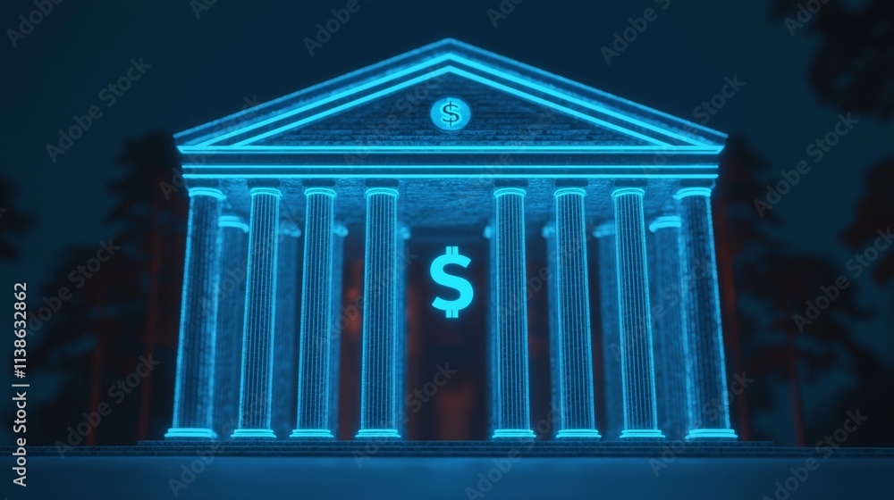 Obraz premium Digital Bank Building, Neon Glowing Structure, Financial Institution