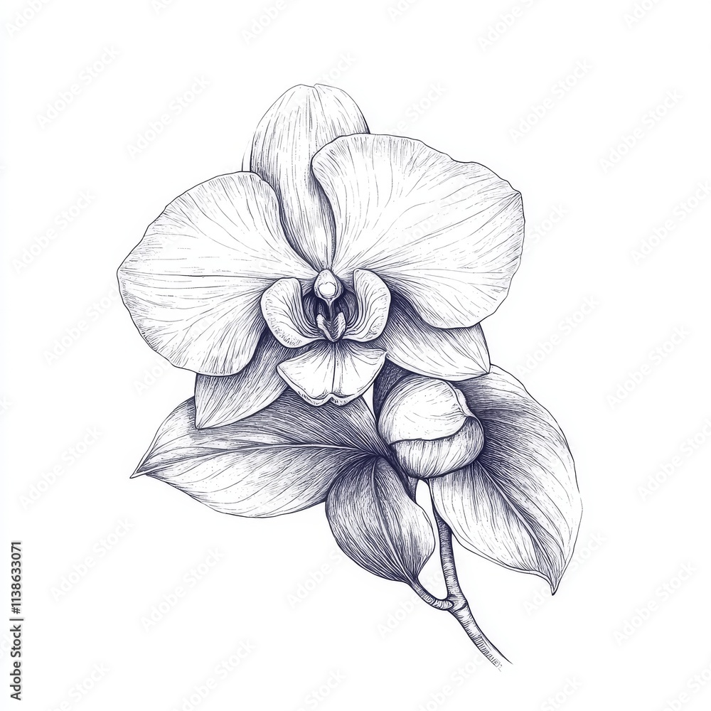 Fototapeta premium A hand-drawn watercolor illustration of blue orchid flowers and buds is presented on a transparent background. This indigo monochrome floral piece is perfect for use in fashion designs, prints,