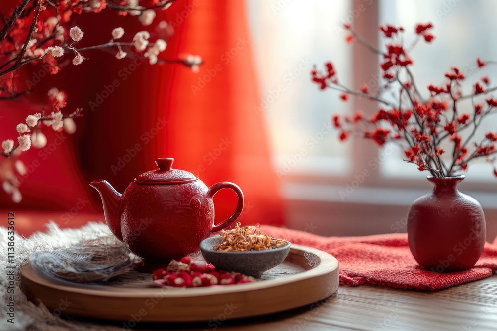 Fototapeta premium A tea set placed on wooden tray with dried candy and flower pot. Red-themed background for new year concept. Chinese new year 