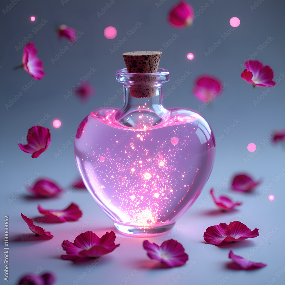 Enchanting heart shaped potion with sparkling magic surrounded by flower petals, digital art of fantasy concept. Enchanting heart shaped potion with sparkling magic surrounded by flower petals, digital art of fantasy concept.